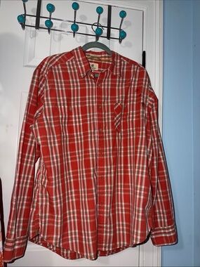 Men's Orange Plaid Long‑Sleeve Button‑Down Shirt by Life Khaki